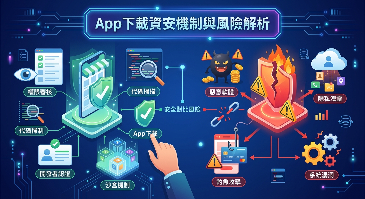 這張圖以對比方式呈現 App 下載的資安機制與風險：左側以綠色盾牌與掃描圖標代表權限審核、代碼掃描及沙盒機制等安全防護；右側則以破裂盾牌、警告標誌與釣魚鉤展示惡意軟體、隱私洩漏及系統漏洞等潛在威脅。